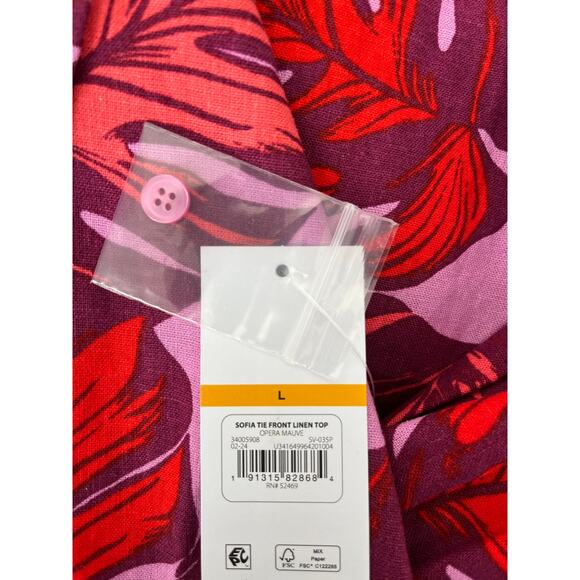 SOFIA JEANS | Women's Floral Tropical Mauve Linen Blend Tie Front Top NWT Size L - Picture 4 of 8